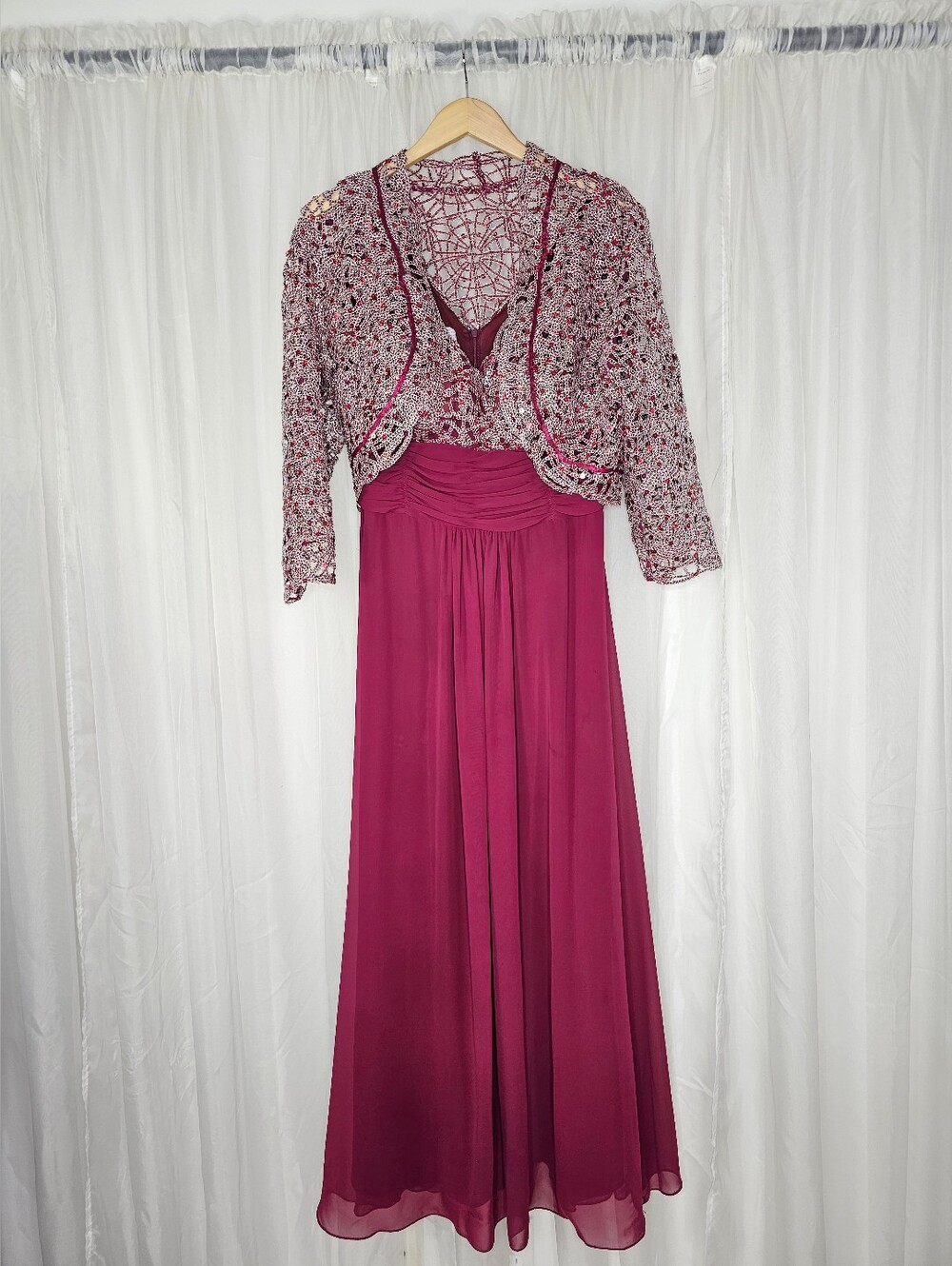 Ally's Collection Burgundy Sequin Evening Gown with Beaded Lace Jacket 16